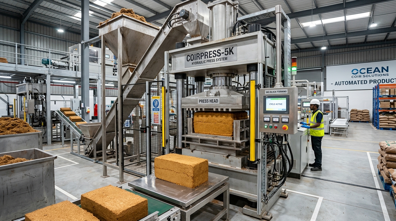 Hydraulic Pressing of 5kg Cocopeat Blocks